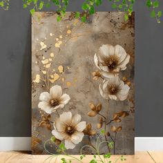 an abstract painting with white and gold flowers on a gray background, surrounded by greenery