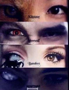 four different types of eyes with the words kiss meme and werewolves written on them