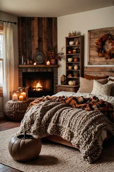 a bedroom with a bed, fireplace and decorations on the wall in front of it