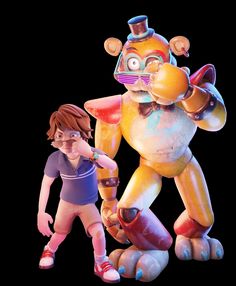 a cartoon character standing next to a giant toy