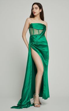 HERA CRYSTALISED CORSET HIGH SLIT SATIN GOWN - GREEN Long Drapes, Mesh Corset, Maxi Dress Cocktail, Satin Gown, Dress With Cardigan, Sweater Top, Knit Top, Jumpsuit Romper, Casual Dresses