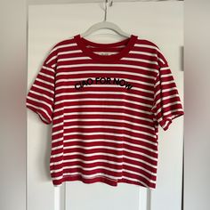 Madewell Size Small Red & White Stripe New With Tags. Perfect Condition 100% Cotton Red Graphic Tee With Text Print, Red Cotton Top With Letter Print, Red Cotton Top With Text Print, Red Cotton Tops With Letter Print, Red Cotton Tops With Text Print, Striped Short Sleeve Tops With Letter Print, Red Relaxed Fit Top With Text Print, Red Relaxed Fit Top With Letter Print, Madewell Top