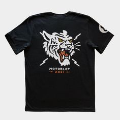 Motoblot 2021 Tiger #8 Tiger T-Shirt. 100% Cotton. Casual Screen Print T-shirt For Biker Events, Motorcycling Short Sleeve Screen Print T-shirt, Moto Style Graphic Print Crew Neck T-shirt, Casual Motorcycling T-shirt With Screen Print, Casual T-shirt With Front Print For Biker Events, Casual Black T-shirt For Biker Events, Black Graphic T-shirt For Motorcycling, Black Graphic Print T-shirt For Motorcycling, Moto Style Graphic Print Tops For Streetwear