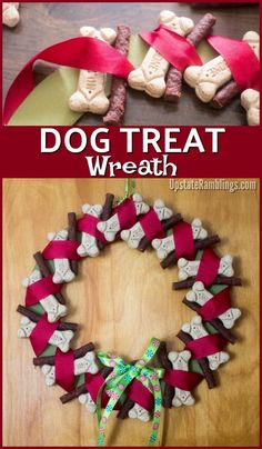 the dog treat wreath is made out of wine corks and ribbon