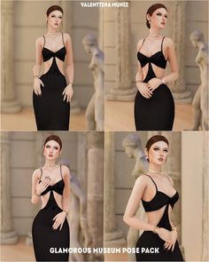 four different poses of a woman wearing a black dress with cutouts on the sides