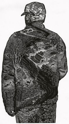 the back of a man's shirt with trees and houses on it