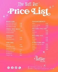 Updated Price List🩷🧡✨ Nail Menu Ideas, Gel X Price List, Nail Pricing List, Press On Nail Price List, Nails Price List Ideas, Nail Supplies List, Nail Tech Price List Template, Price List For Nails, Nail Price List Ideas