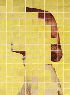 a woman's head is shown in the middle of a mosaic tile wall with yellow squares