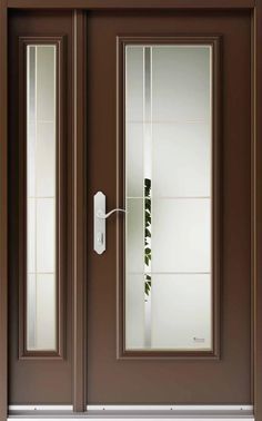 a brown front door with two sidelights and a plant in the glass on it