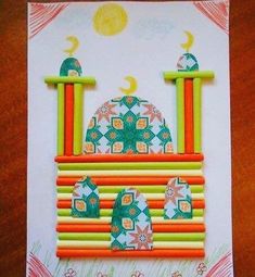 a card with an image of a building on the front and side, in bright colors