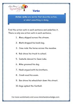 an english worksheet with the words verbs in blue and white, which are also