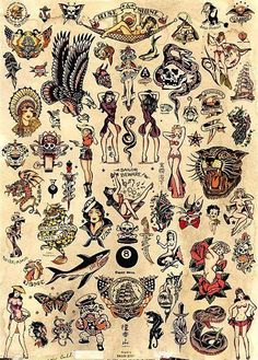 an old school tattoo design with many different designs