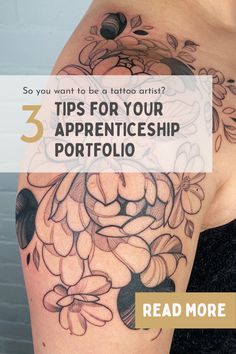 "3 tips for your apprenticeship portfolio" with bold and fine line black work floral tattoo designed and illustrated by Lu Loram Martin. Learn How To Tattoo Step By Step, Apprentice Tattoo Portfolio, How To Find Your Tattoo Style, Tattoo Art Practice, How To Become A Tattoo Apprentice, How To Become Tattoo Artist, Tattoo Portfolio Ideas Art Students, Becoming Tattoo Artist, Learning Tattoo Ideas