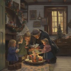 an older woman and two young children are looking at a cake with candles on it