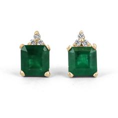 Elegance defined! These emerald and diamond earrings are fashioned in solid 14k yellow gold. These studs feature natural Asscher cut emeralds accented with natural white diamonds. The emeralds have a combined 2.81 total carat weight and a dark green hue that contrasts with the flashing fire of the diamonds. The brilliant round diamonds have a combined 11 points. Perfect for every day! Setting Style: Emerald & Diamond Studs Setting Weight: 2.0 grams Setting Material: 14K Yellow Gold  Main Stone: Classic Green Diamond Earrings, Classic Green Gia Certified Diamond Earrings, Classic Gia Certified Green Diamond Earrings, Classic Emerald Diamond Earrings Gia Certified, Classic Emerald Earrings For Anniversary, Gia Certified Green Diamond Earrings For Anniversary, Classic Gia Certified Emerald Diamond Earrings, Classic Green Diamond Earrings With Accents, Classic 14k Gold Earrings For May Birthstone