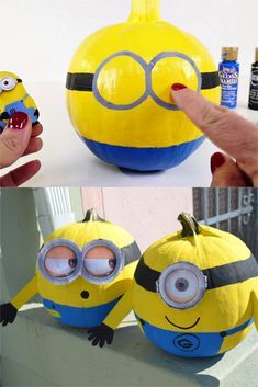 two pictures of the same yellow and blue minion with one hand on it's face