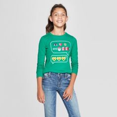 Cat & Jack Green Girls Long Sleeve Christmas Emojis Graphic T-Shirt New With Tags Christmas Emojis, Green Emoji, Jack Green, Halloween Long Sleeve, Peplum Shirts, Grey Long Sleeve Shirt, White Long Sleeve Top, Green Girl, Girls Wardrobe