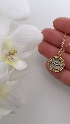 Gold Filled Pearl Compass Coin Necklace Mother of Pearl - Etsy Celestial Yellow Gold Jewelry With Compass Design, Gold Spiritual Necklace With Compass Design, Gold Spiritual Compass Necklace, Symbolic Gold Jewelry With Compass Design, Symbolic Gold Jewelry With Star Charm, Dainty Jewelry With Compass Design For Gifts, Star-shaped Compass Design Necklace For Gift, Symbolic Gold Necklaces With Compass Design, Star-shaped Compass Necklace As Gift