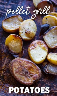 some potatoes on a plate with the words pellet grille above it and below them