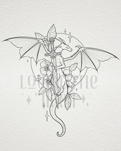 a drawing of a dragon with flowers on it's back and wings in the air