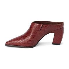 Matisse McCarthy Pointed Toe Mule A pointed toe mule with an angled, architectural heel.  Looks great with any outfit.       Red snake, espresso croc, or bone,      5.5-11M     Slip on style     Leather     Manmade sole     Approx. 3.5" heel      Approx. 0.5" platform height     Synthetic leather lining     Padded insole Pointed Toe Mules With 4-inch Heel For Work, Pointed Toe Mules With Wrapped Heel For Work, Pointed Toe Mules With Stacked Heel For Work, Brown Pointed Toe Mules With 4-inch Heel, Pointed Toe Mules With Sculpted Heel For Office, Office Mules With Sculpted Heel And Pointed Toe, Elegant Red Mules With Sculpted Heel, Workwear Mules With Reinforced Heel And Pointed Toe, Red Pointed Toe Mules For Formal Occasions