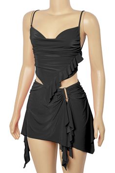 ANAHI RUFFLED TOP & SKIRT SET – BLACK + MOON Double Layer Top, Wearing All Black, Black Moon, Top Skirt Set, Ruffled Top, Layered Skirt, Fitted Skirt, Asymmetrical Hem, Ruffle Top