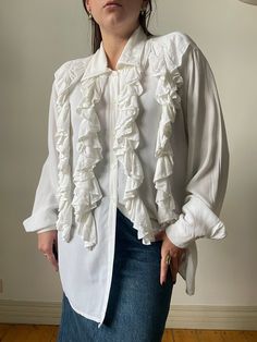 90s Vintage White Ruffle Blouse Elegant Poet Blouse With - Etsy Classic Long Sleeve Tops With Ruffles, Fall White Shirt With Ruffles, Fall White Ruffled Shirt, Classic Long Sleeve Blouse With Ruffles, Classic Long Sleeve Ruffled Blouse, Classic Long Sleeve Shirt With Ruffles, Elegant Vintage White Ruffled Tops, Spring Vintage White Blouse With Ruffles, White Billowy Long Sleeve Tops