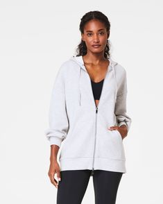 SPANX® AirEssentials Brushed Full Zip Hoodie, Heathered Full Zip Hoodie, Zip Up, Low Profile, Your Skin, Zip Hoodie, Breathable Fabric, Heather Grey, Zip Ups, Relaxed Fit