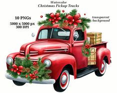 an old red truck with christmas decorations and presents on the bed is shown in this drawing