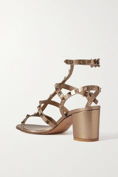 Valentino Rockstud Shoes, Latest Sandal, Brown Leather Sandals, Valentino Rockstud, Gold Shoes, Gold Sandals, Suede Sandals, Brown Sandals, Gold Leather