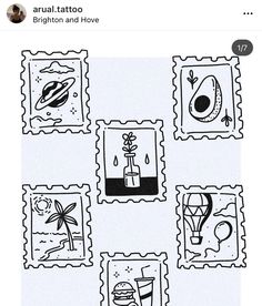 four stamps with pictures of different things on them, one is drawn in black and white