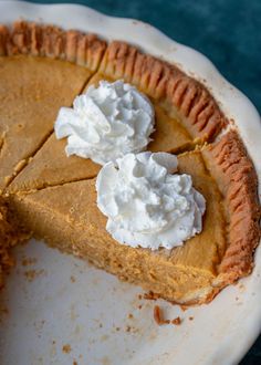 a pumpkin pie with whipped cream on top