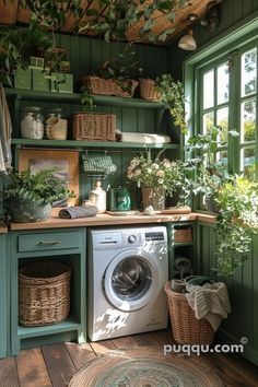 a washer and dryer in a small room with green walls, wooden flooring and lots of potted plants