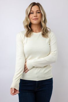 Lexi Classic Sweater Color: Ivory Round Neckline Super soft Ribbed Ends 55% Viscose 45% Nylon Fine Knit Sweater, Classic Sweater, Color Ivory, Colorful Sweaters, Round Neckline, Knitted Sweaters, Knitting, Color