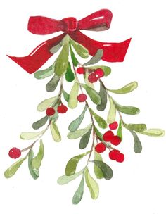 a watercolor painting of an evergreen branch with red ribbon and berries on the branches