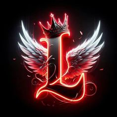 the letter j with wings and a crown on it's head is illuminated by neon lights