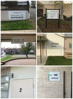 several photos of the front and side of a building, including a parking lot entrance