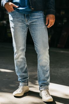 Our premium denim is inspired by the classic vintage blue jean. Our Premium Japanese 4-Way Stretch Selvedge denim story starts in Japan where our fabric is developed at one of the oldest denim mills. We blend a unique 4 way stretch material with selvedge denim to create a specific amount of stretch and comfort you wouldn’t typically get with selvedge denim. This 360 degree of stretch gives the wearer comfort from every angle no matter what they are doing. Our 4-Way Stretch selvedge fabric is wea Medium Wash Slim Fit Jeans, Slim Fit Medium Wash Jeans, Urban Fitted Selvedge Jeans, Faded Selvedge Denim Jeans, Fitted Selvedge Washed Blue Jeans, Washed Blue Selvedge Straight Leg Jeans, Washed Blue Selvedge Rigid Denim Bottoms, Fitted Rugged Jeans In Medium Wash, Rugged Fitted Denim Jeans