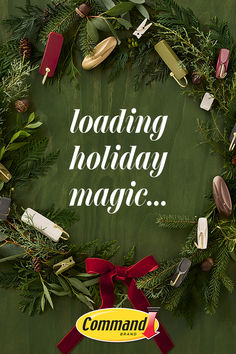 a christmas wreath with the words loading holiday magic surrounded by other ornaments and decorations on a green background