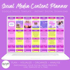 the social media content planner is displayed on a laptop screen with pink and yellow accents