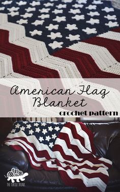 an american flag blanket on a couch with the words, american flag blanket crocheted pattern