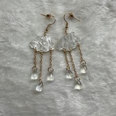 Cloud Earrings With 3 Clear Rain Drops Dangles - Gold-Tone - Longest Drop Measure Approx. 3"L - Fish Hook Closure Disney Princess Earrings, Cloud Earrings, Sterling Silver Heart Earrings, Princess Earrings, Stick Earrings, Bamboo Earrings, Rain Cloud, Silver Heart Earrings, Teardrop Dangle Earrings