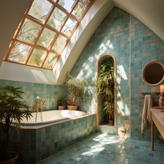 a bath room with a large tub and a sink under a window next to a potted plant