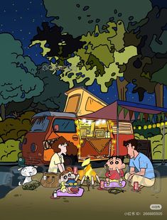 people sitting around a camper van at night with food and drinks on the ground