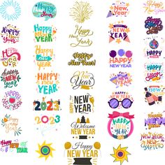 the new year and happy new year stickers are all in different colors, shapes, and sizes