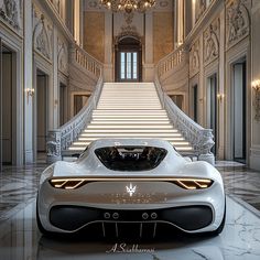 a futuristic car is parked in front of a staircase with chandeliers on either side