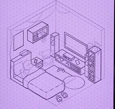 a blueprint drawing of a living room with couch, tv and bookshelf