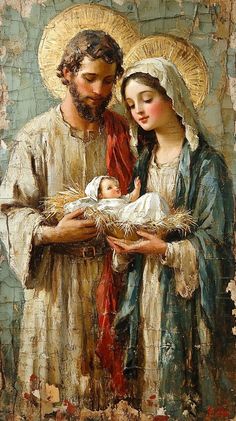 a painting of two people holding a baby jesus