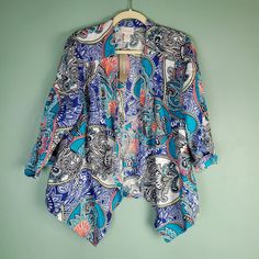 Chico's Artistic Paisley Linen Drape Multi Open Front Jacket Size 2 Or Large New With Tags 3/4 Sleeves Approximate Measurements Chest 22" Length 25" Style# 570232376 Blue Printed Outerwear For Spring, Blue Printed Long Sleeve Outerwear, Patterned Open Front Outerwear For Spring, Spring Patterned Open Front Outerwear, Multicolor Long Sleeve Outerwear With Paisley Print, Fitted Patterned Long Sleeve Outerwear, Blue Floral Print Fall Blazer, Fall Floral Print Blue Blazer, Fall Blue Floral Print Blazer