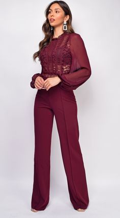 Jumpsuit Lace Wide leg Bubble mesh sleeves Back zipper closure Model is wearing size Small Luxury Red Long Sleeve Palazzo Set, Jumpsuit Prom Dress Red, Luxury Red Pant Set For Festive Occasions, Luxury Red Evening Pantsuit, Luxury Red Pantsuit For Parties, Red Pant Suit Dress, Burgundy Jumpsuit Outfit, Jumper Outfit Jumpsuits, Red Lace Jumpsuit